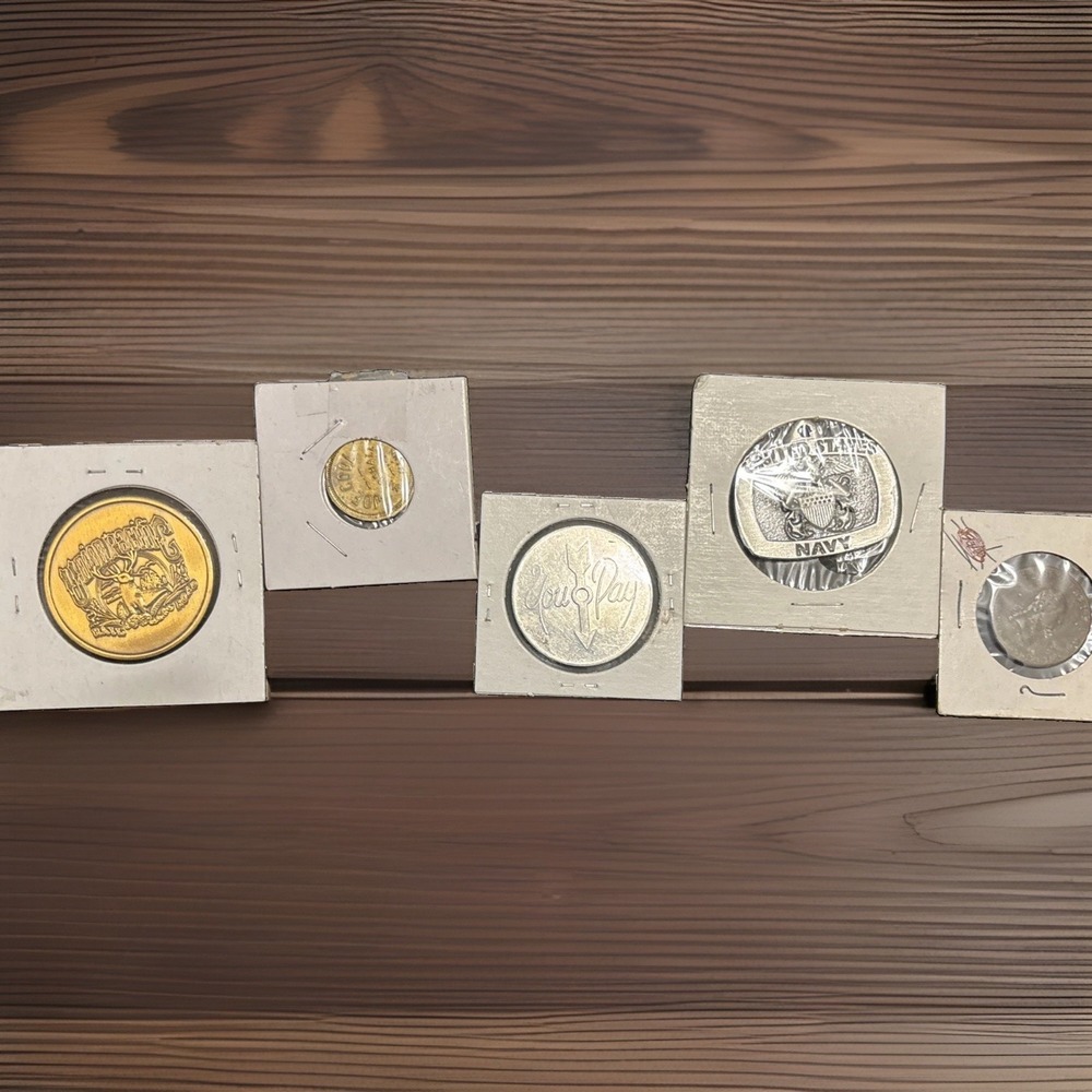 Vintage Token & Coin Lot (5pc) - Joe Cool MN Trade, American Legion Bar Spinner